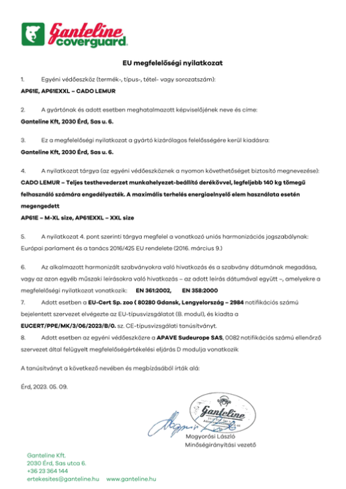 COVERGUARD CADO LEMUR AP61, centură complexă combinată, cu absorbitor de energie, caracteristici antistatice [3]