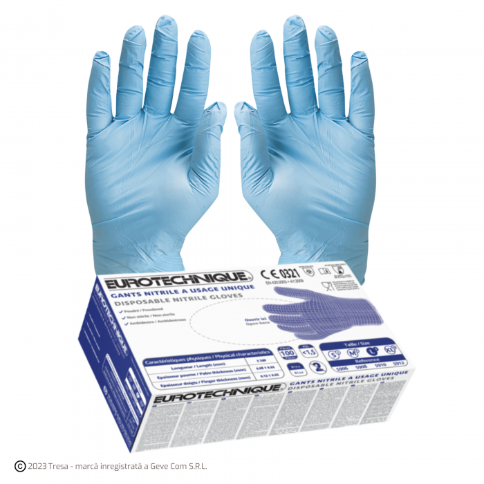 EURO-ONE 5910, Mănuși de unică folosință din nitril, pudrate, albastru, grosime: ~0,10 mm, lungime 24 [Cutie 100 buc] [1]