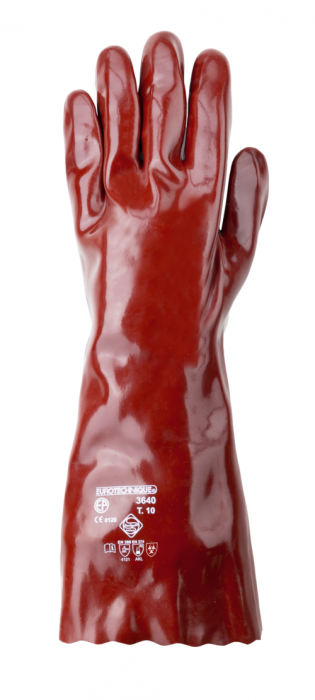 EUROCHEM 3640, Mănuși de protecție din bumbac, imersate în PVC bordo, rezistente la acizi, baze, uleiuri, lungime 40 cm, grosime 1 mm [2]