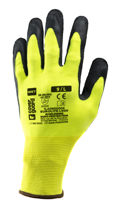 EUROLITE L500, Mănuși de protecție din poliester și elastan, imersate dublu în latex, lungime 24 cm, grosime 13 gauge [12]