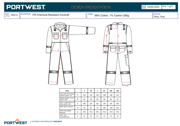 BIZFLAME - FR513, Combinezon rezistent la substanțe chimice, din bumbac, 280 g/mp [3]