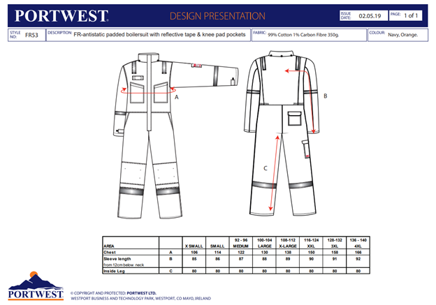 PORTWEST BIZFLAME - FR53, Combinezon de iarnă antistatic ignifug, din bumbac și fibră de carbon, 350 g/mp, căptușeală ignifugă 170 g/mp, umplutură termică ignifugă 150 g/mp [3]