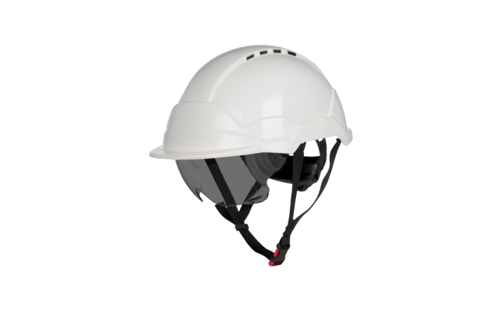 PHOENIX WIND, Cască de protecție din ABS cu ochelari fumurii retractabili integrați, suspensie din plastic cu fixare în 6 puncte, reglare rapidă cu rotiță (Ratchet) [13]