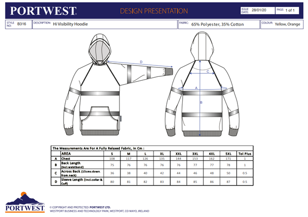 PORTWEST B316, Hanorac cu glugă cu vizibilitate ridicată, din poliester și bumbac, 300 g/mp [3]