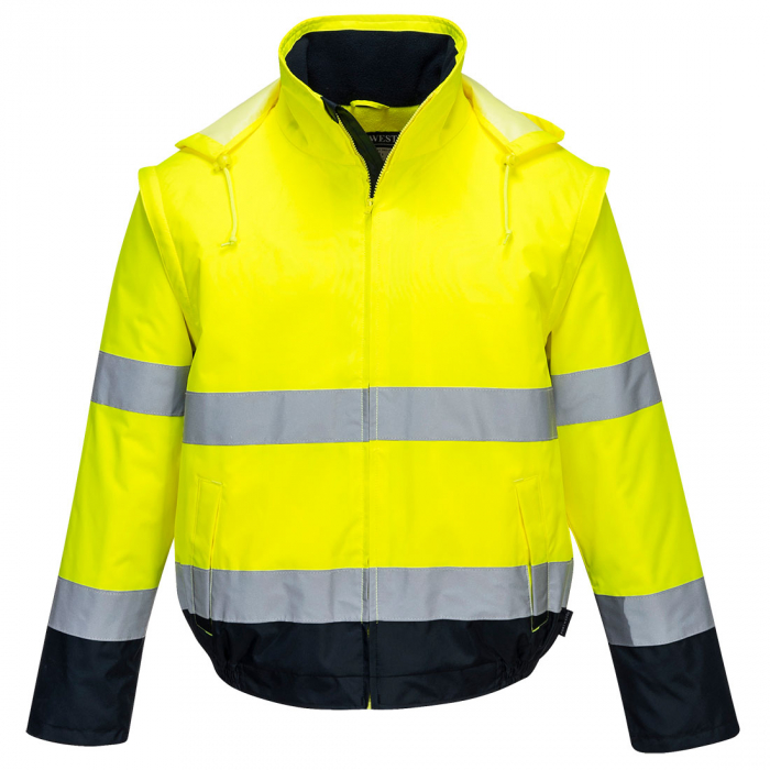 PORTWEST C464, Jachetă bomber Hi-Vis 2 în 1, contrast portocaliu/navy sau galben/navy, poliester Oxford 150D, strat superior PVC 200 g/mp, căptușeală fleece 300 g/mp, mâneci căptușite 120 g/mp [3]