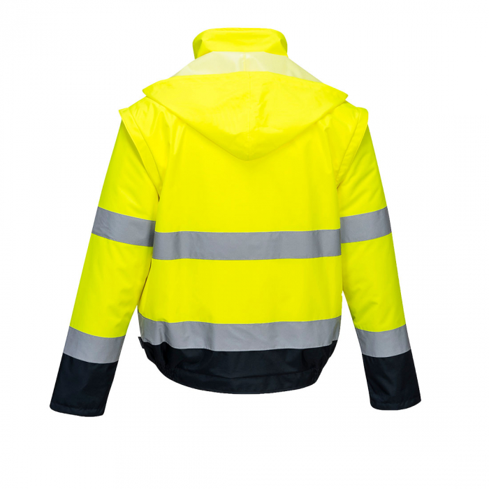 PORTWEST C464, Jachetă bomber Hi-Vis 2 în 1, contrast portocaliu/navy sau galben/navy, poliester Oxford 150D, strat superior PVC 200 g/mp, căptușeală fleece 300 g/mp, mâneci căptușite 120 g/mp [4]