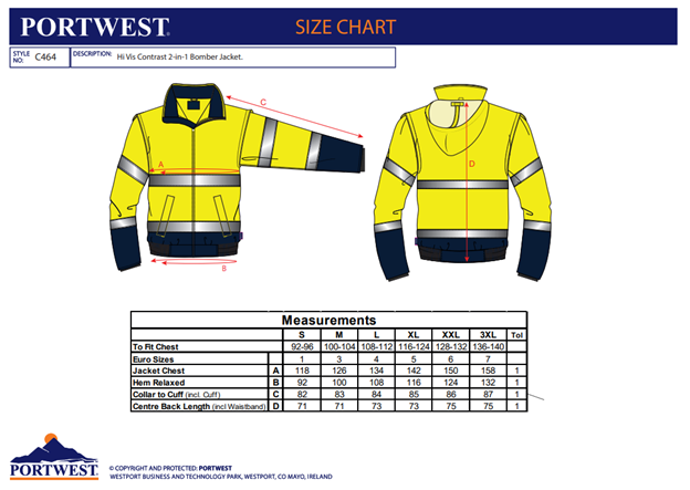 PORTWEST C464, Jachetă bomber Hi-Vis 2 în 1, contrast portocaliu/navy sau galben/navy, poliester Oxford 150D, strat superior PVC 200 g/mp, căptușeală fleece 300 g/mp, mâneci căptușite 120 g/mp [2]