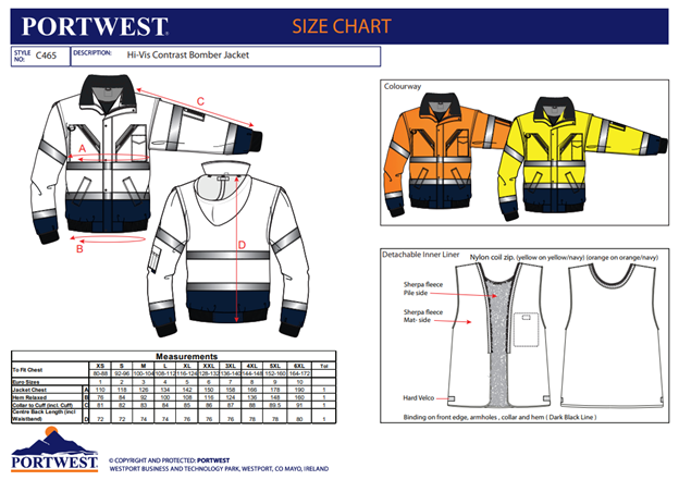 PORTWEST C465, Jachetă Bomber 3 în 1 cu contrast Hi-Vis, 100% poliester 300D Oxford, căptușeală fleece 300g, certificare EN ISO 20471 Clasa 3 [3]