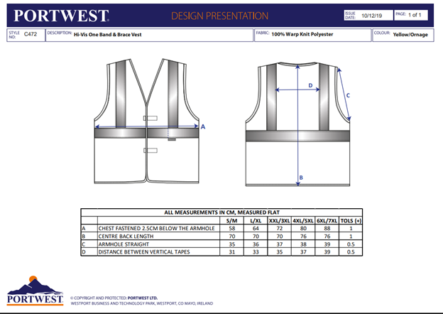 PORTWEST C472, Vestă cu bretele și bandă Hi-Vis, 100% poliester, tricotaj 124g, certificare EN ISO 20471 Clasa 2 [2]