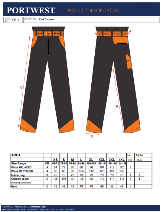 PORTWEST CH11, Pantaloni în talie din polibumbac Oak Chainsaw, 245 g/mp, cu protecție motoferăstrău clasa 1 [3]