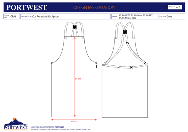 PORTWEST CR01, Șorț cu rezistență la tăiere, nivel D, 42.5% HPPE / 21.3% sticlă / 21.3% PET / 14.9% nailon, 330g [3]