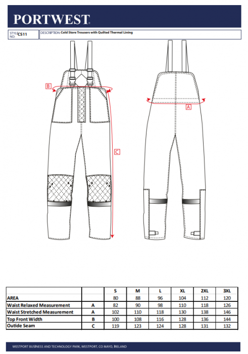 PORTWEST CS11, Pantaloni cu pieptar ColdStore, din poliester Oxford 150 g/mp, căptușeală matlasată 300 g/mp [3]