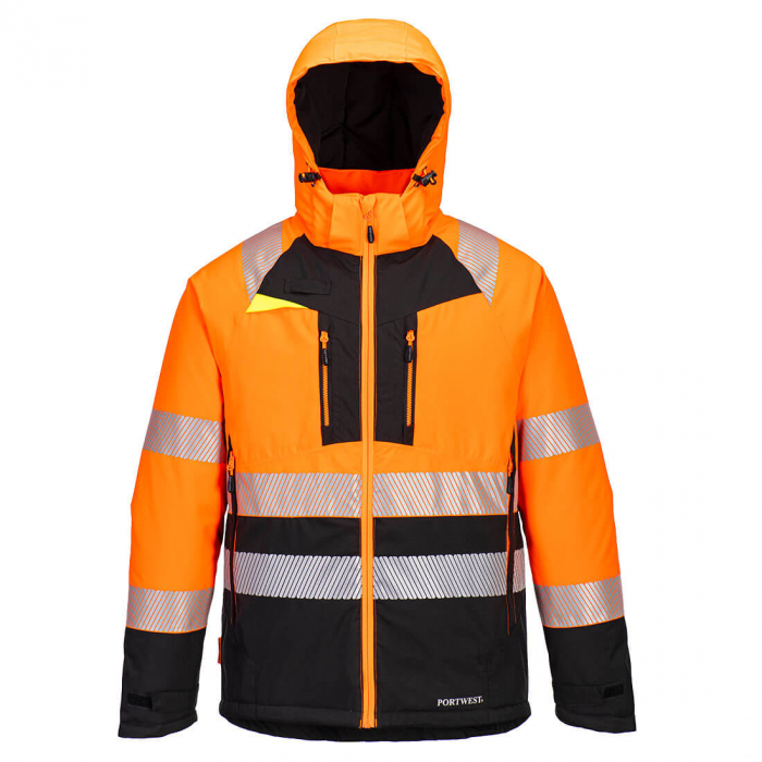 PORTWEST DX430, Jachetă Hi-Vis de iarnă Clasa 2, cu glugă detașabilă (ascunsă), din poliester stretch 150D cu membrană PU 160 g/mp; căptușeală Pongee 80 g/mp; umplutură InsulatexPro 160 g/mp [1]