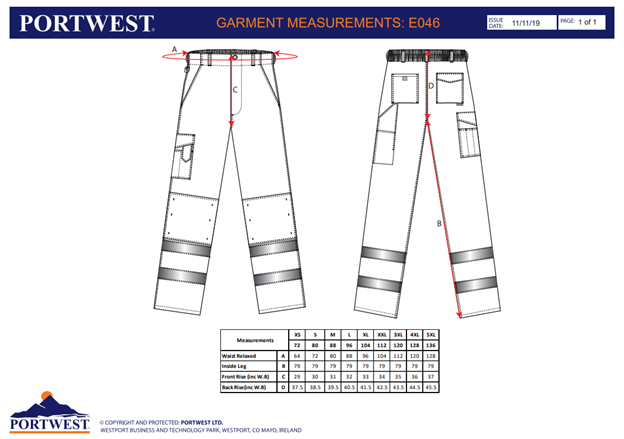 PORTWEST E046, Pantaloni de lucru Hi-Vis, policotton Kingsmill, 65% poliester / 35% bumbac, 245g, finisaj Texpel™ Stain Eco, certificare EN ISO 20471 Clasa 1 [3]