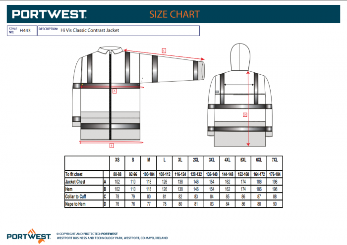 PORTWEST H443, Jachetă de ploaie Hi-Vis Contrast, din poliester 190T, 200 g/mp, căptușeală tip plasă 60 g/mp [3]