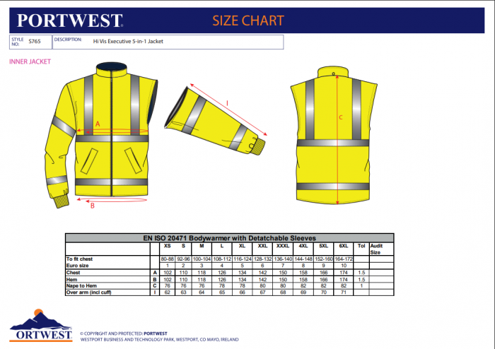 PORTWEST S765, Jachetă HiVis Executive 5-in-1, din poliester 300D, 190 g/mp, căptușeală detașabilă [4]