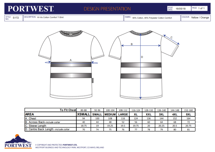 PORTWEST S172, Tricou Hi-Vis Cotton Comfort cu mâneci scurte, din bumbac și poliester, 175 g/mp [2]