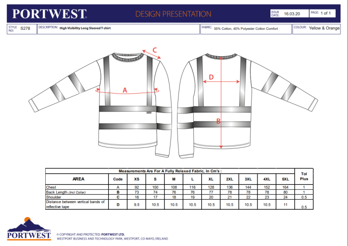 PORTWEST S278, Tricou Hi-Vis cu mâneci lungi, din bumbac și poliester, 175 g/mp [2]