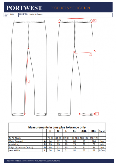 PORTWEST S351, Pantaloni Sealtex AIR, din poliester tricot impregnat PU, 180 g/mp [3]