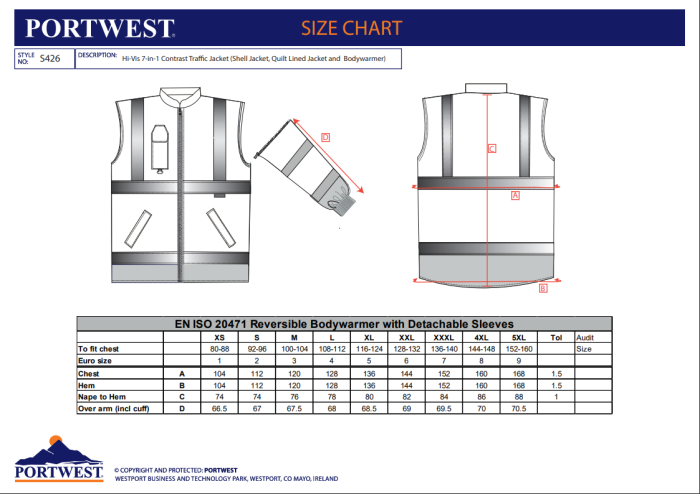 PORTWEST S426, Jachetă HI-VIS tip 7-in-1, cu glugă detașabilă, din poliester 300D, 190 g/mp, căptușeală interioară plasă 60 g/mp, și interior detașabil 160 g/mp [3]