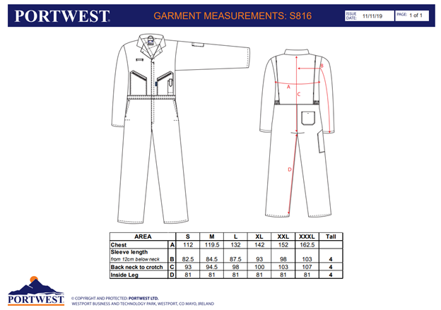 PORTWEST S816, Combinezon căptușit Orkney, din Kingsmill Polycotton 245 g/mp, căptușeală poliester 200 g/mp, protecție frig EN 342 până la -40°C [3]