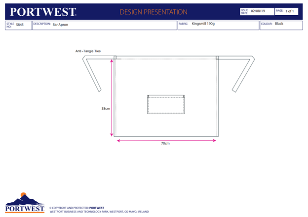 PORTWEST S845, Șorț Bar din Kingsmill 190g, 65% poliester / 35% bumbac, 70x38 cm, 1 buzunar, lavabil la 60°C [3]