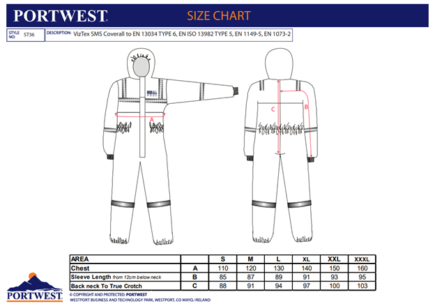 PORTWEST ST36, Salopetă SMS BizTex Tip 5/6, cu bandă reflectorizantă, din trilaminat polipropilenă SMS 55 g/mp [2]