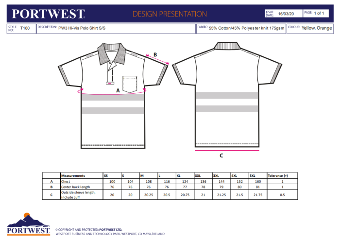 PORTWEST T180, Tricou polo HI-VIS din bumbac și poliester, 175 g/mp [3]