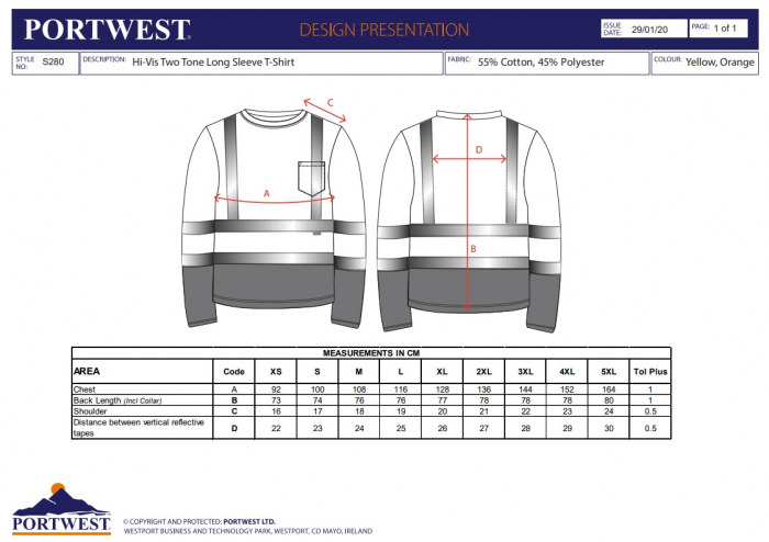 S280, Tricou cu mâneci lungi Hi-Vis din bumbac și poliester, 175 g/mp [3]