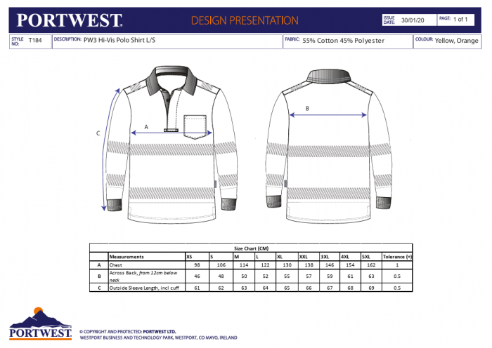 T184 PW3 HI-VIS, Tricou polo L / S din bumbac si poliester, cu maneca lunga [3]
