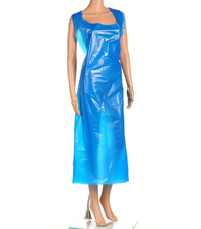Șorțuri Unică Folosință - APRON, Șort de unică folosință din folie polietilenă, 150x85 cm, grosime 30 μm, albastru [rolă 100 bucăți]