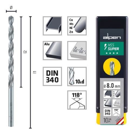 SCULE & MATERIALE - ALPEN, Burghiu lung pentru metal HSS, DIN 340, 2-9 mm