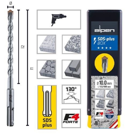 SCULE & MATERIALE - ALPEN, Burghiu pentru beton cu prindere SDS Plus, 4-10 mm [cutie 10 bucăți]