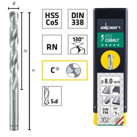 SCULE & MATERIALE - ALPEN, Burghiu pentru metal HSS Cobalt, DIN 338, 1-10 mm [cutie 10 bucăți]