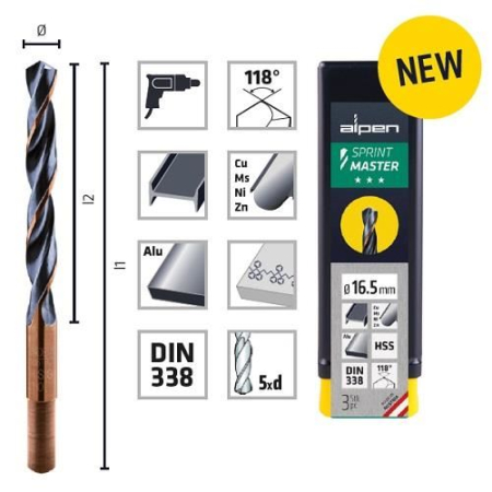 SCULE & MATERIALE - ALPEN, Burghiu pentru metal HSS SPRINT cu coadă redusă, 15,5 mm [cutie 3 bucăți]