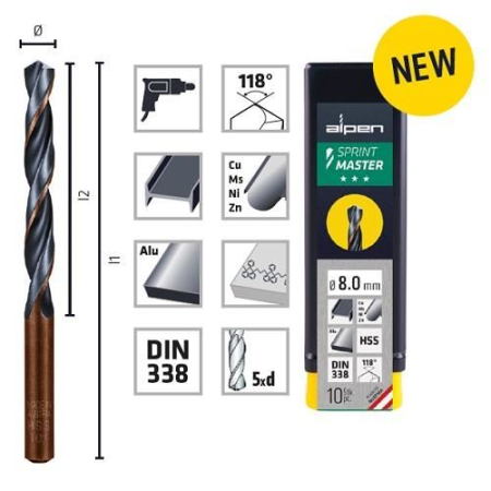 SCULE & MATERIALE - ALPEN, Burghiu pentru metal HSS SPRINT, DIN 338, 1-4 mm [cutie 10 bucăți]