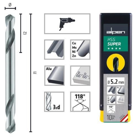 SCULE & MATERIALE - ALPEN, Burghiu pentru nituri HSS cu două capete, 3,2-5,2 mm [cutie 10 bucăți]