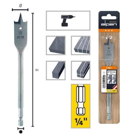 SCULE & MATERIALE - ALPEN, Burghiu plat pentru lemn cu coadă hexagonală, 30-40 mm