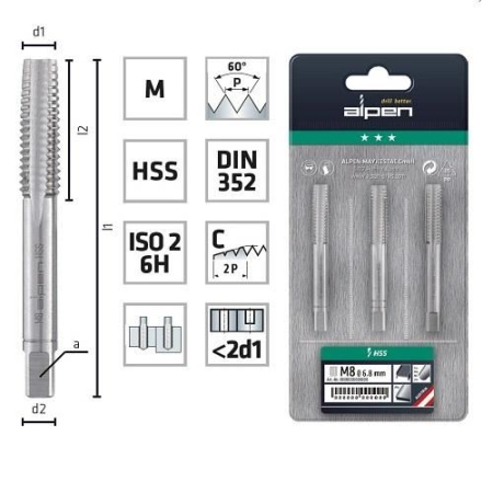 Tarozi, filiere și accesorii de filetat - ALPEN, Set 3 tarozi pentru filet metric, DIN 352, M3-M12