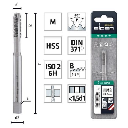 Tarozi, filiere și accesorii de filetat - ALPEN, Tarod de mașină cu o trecere, DIN 371, M3-M12