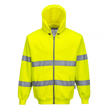 Îmbrăcăminte REFLECTORIZANTĂ (HI-VIS) - PORTWEST B305, Jachetă tip hanorac Hi-Vis cu glugă încorporată și fermoar frontal, din poliester și bumbac, 300 g/mp