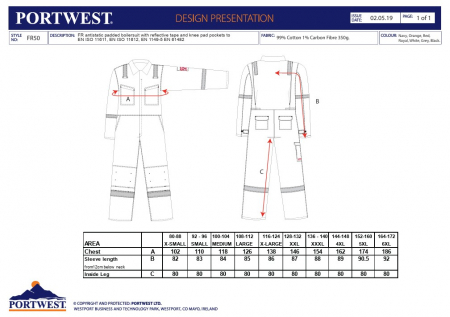 PORTWEST BIZFLAME FR50, Combinezon ignifug și antistatic (ESD) din bumbac și fibră carbon, 350 g/mp [1]