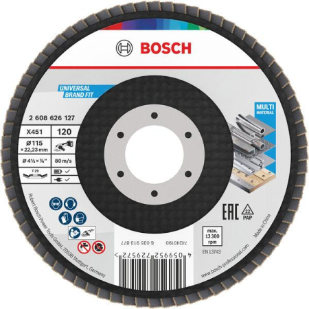 BOSCH, Disc de șlefuire evantai X451, G80, G120 pentru polizoare unghiulare mici, Ø 115-150 mm [1]