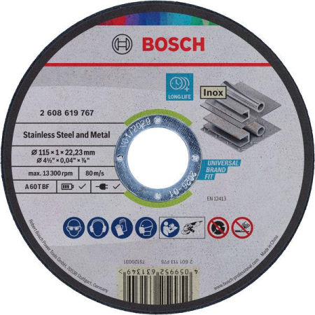 SCULE & MATERIALE - BOSCH, Disc de tăiere Stainless Steel and Metal, cu durată mare de viață pentru polizoare unghiulare mici, alezaj 22,23 mm, Ø 115-125 mm [cutie 100 bucăți]