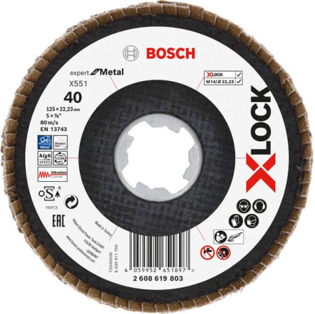 SCULE & MATERIALE - BOSCH EXPERT for Metal, Disc de șlefuire evantai X-LOCK X551, cu profil conic pentru polizoare unghiulare mici, granulație 40-120