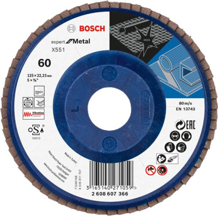 SCULE & MATERIALE - BOSCH EXPERT for Metal, Disc de șlefuire evantai X551, versiunea dreaptă, plastic, 125 x 22,23 mm, granulație 60