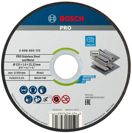 SCULE & MATERIALE - BOSCH PRO Stainless Steel and Metal, Disc de tăiere din material compozit, pentru polizoare unghiulare mici, alezaj 22,23 mm, 125 x 1,6 mm [cutie 10 bucăți]