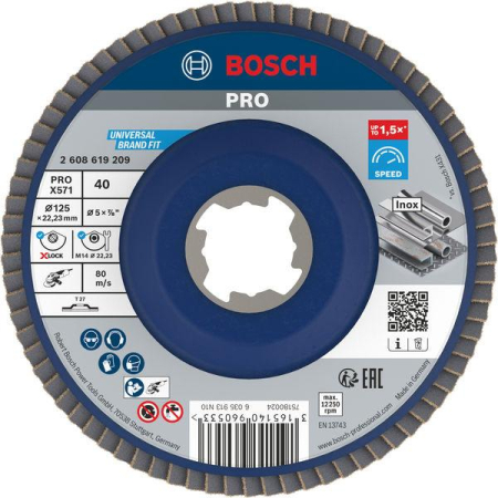 SCULE & MATERIALE - BOSCH PRO X571, Disc de șlefuire evantai, pentru polizoare unghiulare mici, versiunea dreaptă, X-Lock, granulație 40-120