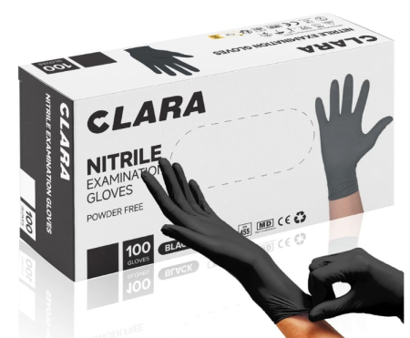 Mănuși Unică Folosință - CLARA BLACK, Mănuși de unică folosință din nitril nepudrat, grosime: ~0,08 mm, AQL 1.5 [Cutie 100 bucăți]