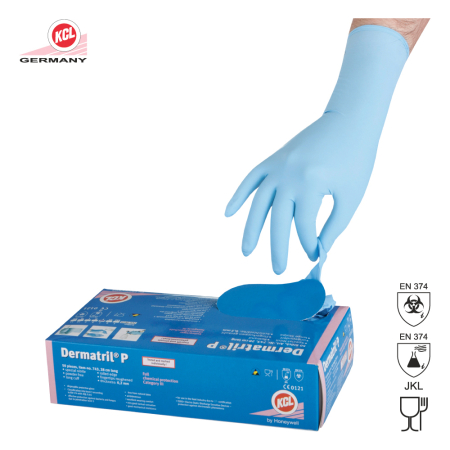 PROTECȚIA MÂINILOR - DERMATRIL, Mănuși de unică folosință din nitril, grosime 0,2 mm, lungime 27 cm [cutie 50 bucăți]
